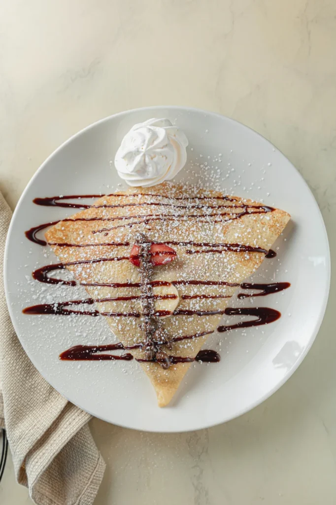 Folded Nutella crêpe with chocolate drizzle and powdered sugar.