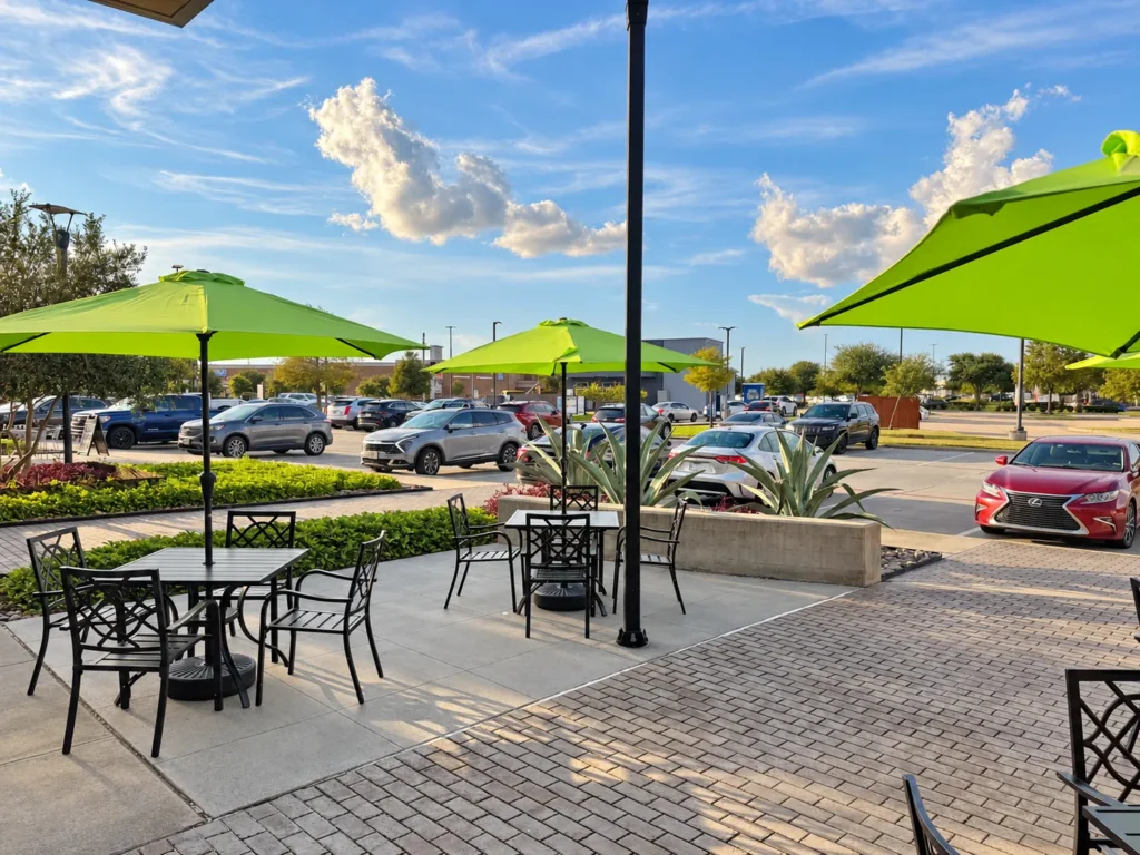 Outdoor patio tables and chairs beneath green umbrellas at Taste of Paris.